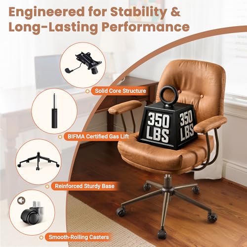 Image of Leather Home Office Chair, Mid Back Ergonomic Desk Chair with Lumbar Support, Mid Century Modern Deep Seat Swivel Rocking Computer Chair, Brown