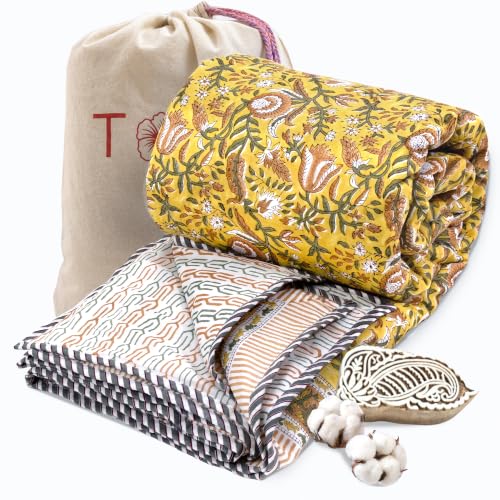 Image of TOAIArt Premium Jaipuri Dohar | AC Blanket Summer Quilt | Hand Block Printed | 3 Layers | Reversible | 150GSM 100% Mulmul Cotton | 100% Cotton Flannel Filling | Queen 90 inch X 108 inch|MohanVan