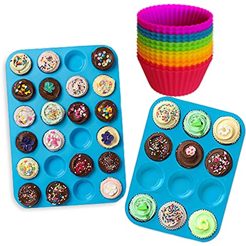 Lot de Moules en Silicone pour Muffins et Cupcakes (12 et 24 minis) Anti-adhésifs, Sans BPA, Adaptés au Lave-Vaisselle, Bleu, avec Caissettes en Silicone Gratuites