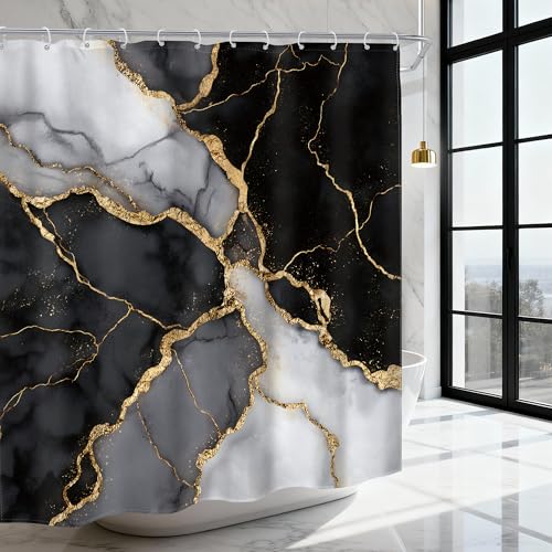 MESHELLY Gold Black Marble Shower Curtain 60Wx72H Abstract Black Grey Luxury Modern Simple Minimalism Chic Contemporary Bathroom Curtain Aesthetic Bath Curtain Bathroom Accessories Decor with 12 Hook