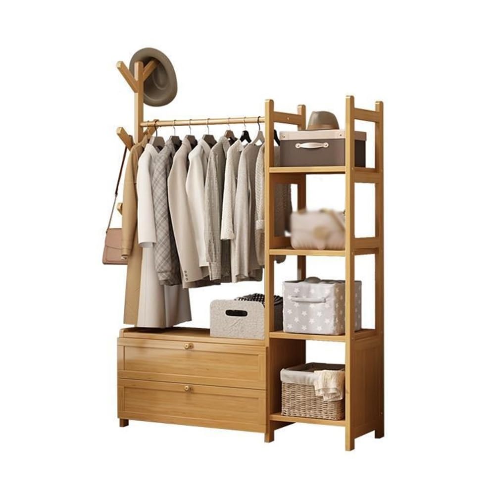 Dh2yjnbf3 Standing Clothes Hanger Floor Coat Rack with Storage Drawer Household Bedroom Hanging Open Wardrobe Hallway(Original Color,Medium)