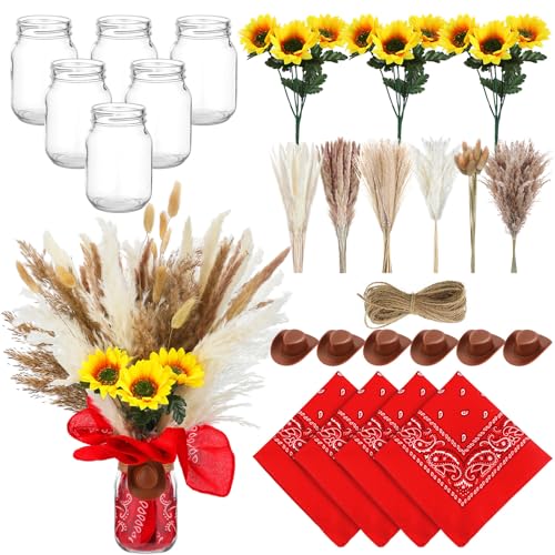 Image of Wonderjune 135 Pcs Western Cowboy Table Centerpieces Cowgirl Rodeo Party Decor with Mason Jar Bandannas Mini Hat Sunflowers Pampas for Cowboy Cowgirl Baby Shower Birthday Wedding Party Decor(Red)