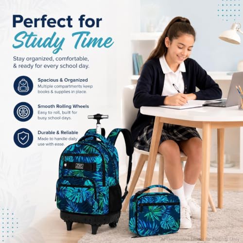 Image of 3Pcs Rolling Backpack for Men, 19 Inche Adult Bag with Roller Wheels, Wheeled Bookbag Set for Boys - Green
