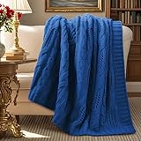 Amélie Home Chunky Knit Throw Blanket, Dual-Sided Soft Chenille Breathable Cable Knitted Blanket for Couch, Farmhouse Decorative Throw for Sofa & Chair, 50'x60', Blue