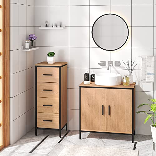 EUGAD Badezimmerschrank, Badschrank, Kommode mit 4 Schubladen, Beistellschrank, Schrank für Badezimmer, Wohnzimmer, Schlafzimmer, Küche, Flur, aus Metall + Holzwerkstoff, 30x82x30 cm