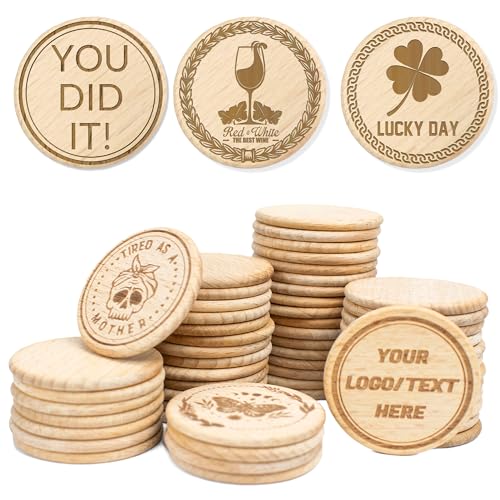 100-1000 Custom Wooden Drink Tokens, 40mm Double Side Drink Chips Engraved with Your Logo/Text/Design, Personalized Wood Round Event Favors,Bar Chips, Parties,Wedding,Game Nights & Corporate Events