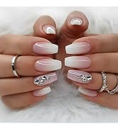 EALGA White Tip Gradient Pink Press on Nails with Glitter, Short Coffin Stick on Nails with Rhine...