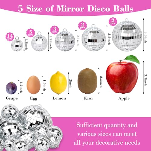 26 Pcs Mirror Disco Ball Hanging Ornaments Silver Glass Decor 70s Disco Party Decorations Ornament with Rope for Dance Birthday 70s Theme Party - Thumbnail 3