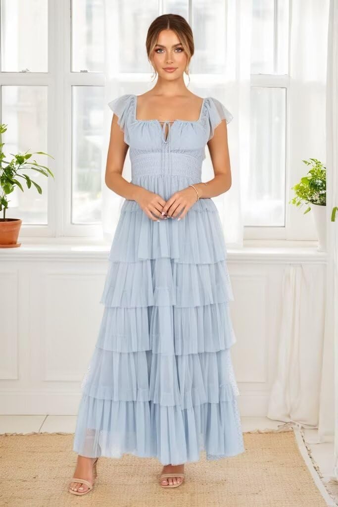 Tiered Tulle Ruffle Prom Dresses for Women Long Square Neck Bridesmaid Dress Spaghetti Straps Evening Gown with Tie