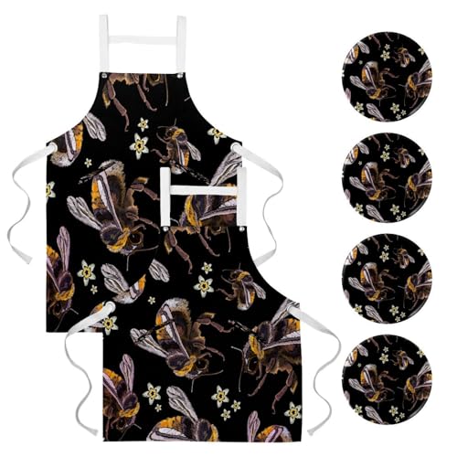 Tablier de cuisine à motif brodé bourdons et fleurs avec broches amovibles