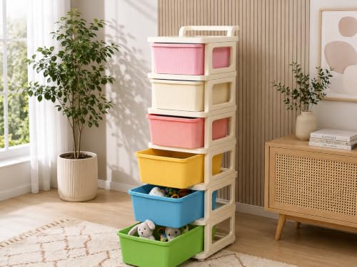 Image of Heavy Duty Plastic Storage Drawer with Wheels | Modular Cabinet for Bedroom, Office, Home or Classroom| Chest of Drawers Organiser for Cosmetics, Kitchen items, Toys (Multicolor, 6)