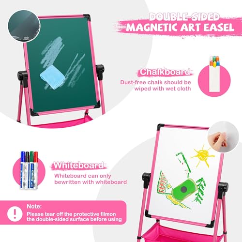 Maycoly Kinder Staffelei Malerei Doppelseitige Tafel für Kinder mit Kreidetafel & Whiteboard 360 drehbare Höhenverstellbar Standtafel mit Zubehör für Jungen Mädchen ab 3 Jahre