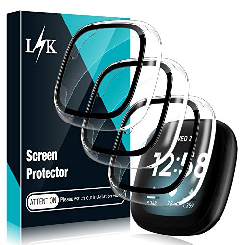 3 Pack L?K Screen Protector Case Compatible for Fitbit Sense Fitbit Versa 3 Built-in Tempered Glass Screen Protector All-Around Ultra-Thin Bumper Full Cover Hard PC Protective Case - Clear