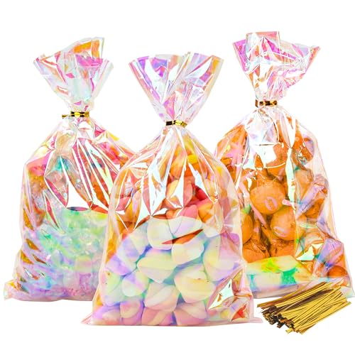 BTSD-home 100 Stück Plastik Cellophantüten Kekstüten Transparent Bunt mit Metallischen Bindebaender Süßigkeiten Tüten für Hochzeit Geburtstag Party Gastgeschenk(15x 25.5cm)