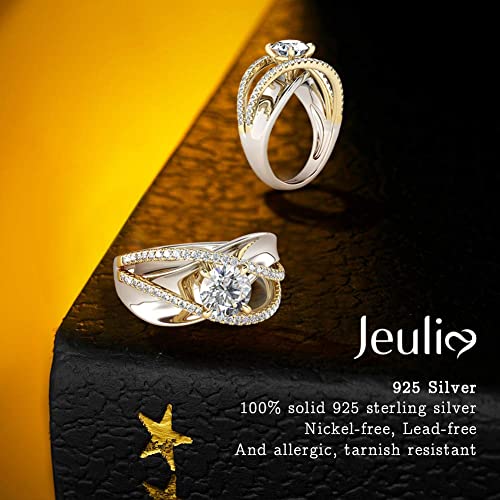 Jeulia Engagement Rings for Women Sterling Silver Two Tone Gold Bridal Sets Crossover Round Engagement Ring Sets Cubic Zirconia Anniverdary Promise with Jewelry Gift Box2