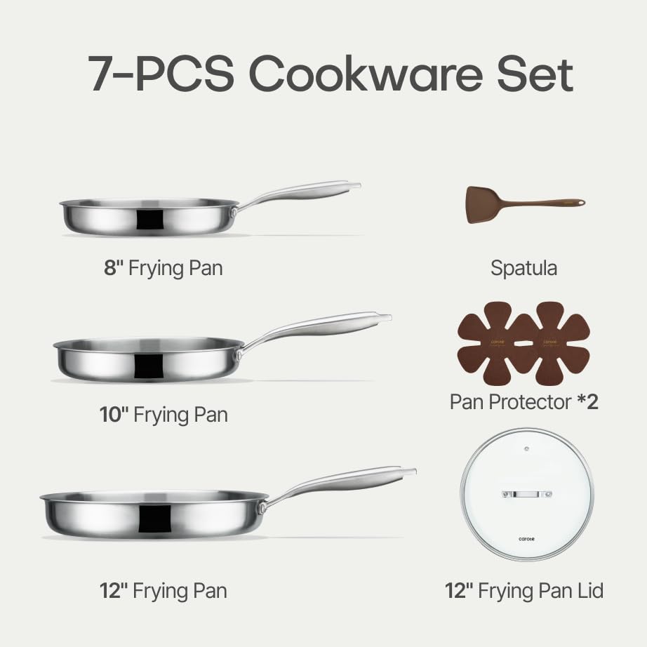 Image of CAROTE 7-Piece Tri-Ply Stainless Steel Frying Pan Set, Skillet Set 8 inch /10 inch /12 inch, Induction Compatible, Oven & Dishwasher Safe, Silver Handle