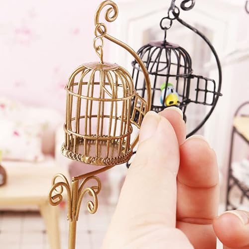 Dollhouse Birdcage 1:12 Scale Accessories Miniature Bird Cage Floor Stand Openable Cage Alloy Birdcage Model Mini House Decoration Ornament (Golden) #TOP1