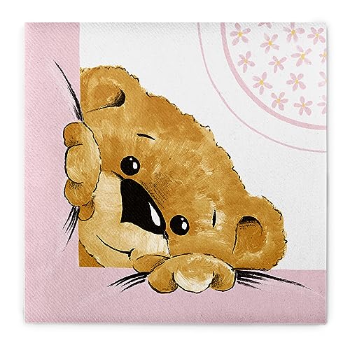 Sovie HOME Serviette TEDDY aus Linclass Airlaid, 40 x 40cm, 1/4 Falz, 12 Stück, Design zauberhaftes Teddy-Design in Rosa Pastell, edle Einwegserviette, Ideal für Babyshower Taufe Geburtstag