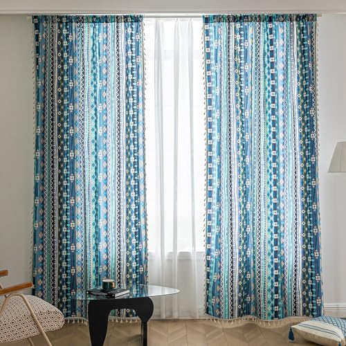 Image of Navy Blue Geometric Curtains 96 Inches Long, Boho Farmhouse Light Filtering Rod Pocket Drapes with Tassel Trim for Bedroom Living Room, 2 Panels