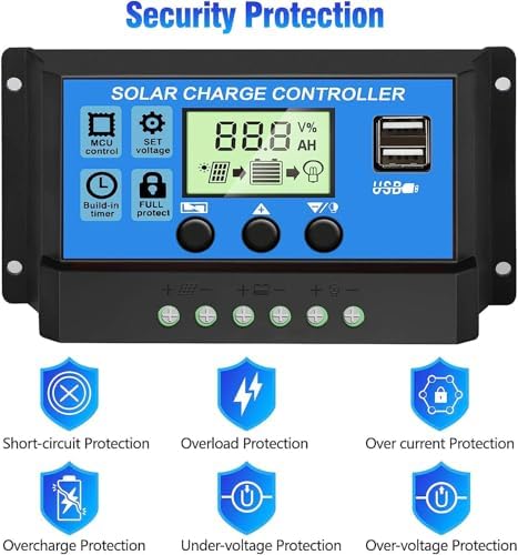 [Upgraded] 30A Solar Charge Controller, Blue Solar Panel Battery Intelligent Regulator with Dual USB Port 12V/24V PWM Auto Paremeter Adjustable LCD Display (Blue) - 5