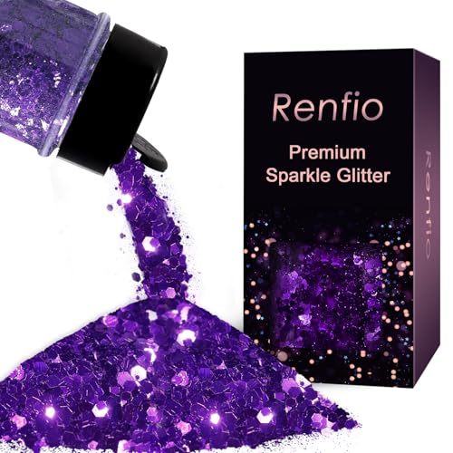 Renfio Purple Chunky Glitter 1.76oz/50g Eggplant Purple Glitter for Snowglobe Tumbler PET Flake Mixed Fine Powder for Snowglobe Tumbler Craft Resin Festival Decor Nail Slime Halloween