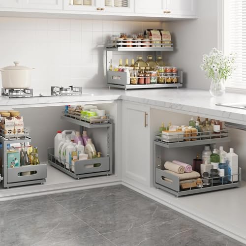 Image of Under Sink Organizer Upgrade To Professional Rails,2-Tier Dual Pull Out Cabinet Storage,Height Adjustable Slide Out Drawers For Bathroom Kitchen,2 Pack-16.7 inchDx12.8 inch-16.9 inchH,Gun Gray