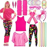 Vautvis 80er Jahre Outfit Damen, 80er Retro Party Outfit, Kostüm Damen 80 er Jahre, Disco Festival Outfits, 90er Kleidung Mit Netzshirt, Leggings, Stirnband, Ohrringe (M)