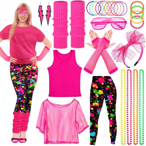 Vautvis Disfarce 80 mulheres, disfarce de ginástica anos 80 90 mulheres, 26 acessórios de disfarce dos anos 90, renda de brincos Fishnet luvas colar pulseira conjunto de festa de cosplay retro (XL)