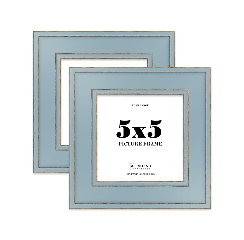 5x5 Cornflower Blue Picture Frame - Shabby Chic Photo Frame with Distressed Finish, Gold Trim, Wall Hooks and Kickstand, 37mm Edge - 2 Pack