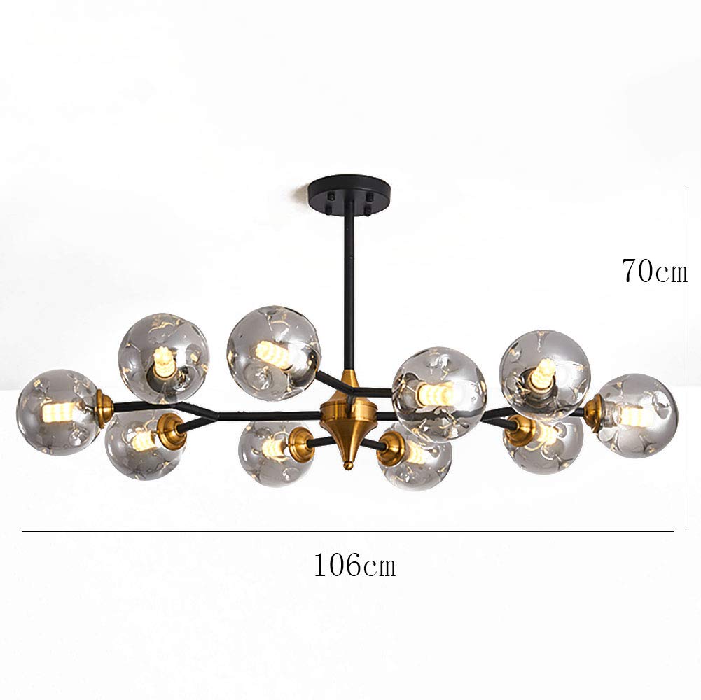 Metalowy żyrandol przemysłowy Sputnik z 15 światełkami, sferyczny szklany klosz, czarne wykończenie chromowane w stylu vintage, 10 główek, przydymiony szary, idealny do salonu.