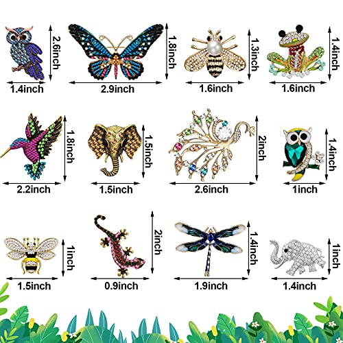 12 Pcs Women Brooches Bulk Set Rhinestone Animal Pin Crystal Vintage With Hummingbird Owl Elephant Peacock Bee Brooch Pin Animal Shape Brooch Pin Butterfly Pins For Women Girls Christmas Gifts #TOP1