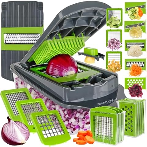 Bartnelli Vegetable Chopper Food Slicer Pro | 15 Pc MultiFuctional Kitchen Gadgets for Onion, Veggie, Cheese Grater, Vegetables Cutter With Large Container, Easy to Clean, With Bonus Brush and Fork Cover