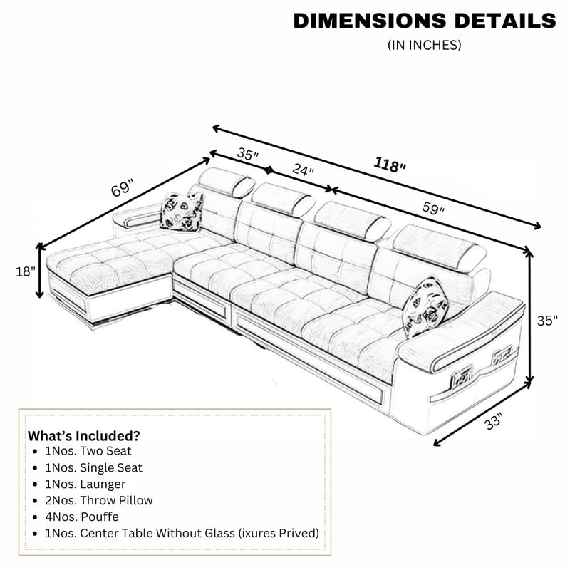 Image of Homax. - Jasmine L Shape Model Attractive Sectional Sofa Set with Stunning Smart Center Table for Living Room,Set of 8 Items.Upholstery-Premium Fabric