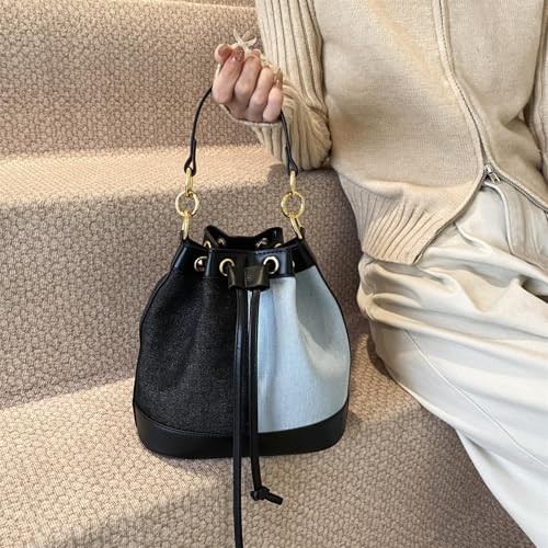 Image of Denim Bucket Bag for Women Handbag Trendy Jean Purse Drawstring Crossbody Shoulder Bag