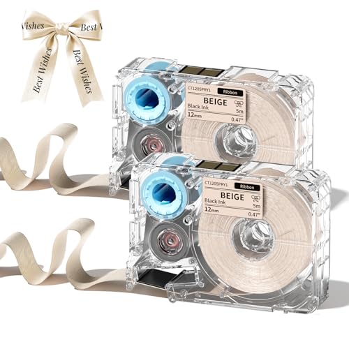 Phomemo A30 P15 Cinta de Transferencia Térmica Exclusiva, Cinta de Seda para Envoltura de Regalos, Ramos de Boda, DIY, Decoración de Fiestas, 12mm*5m, 2 Rollos, Fondo Beige, Caracteres Negros