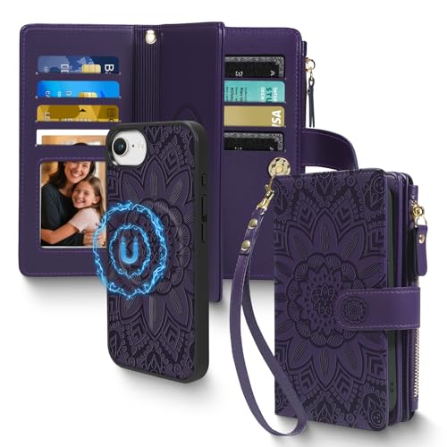 Harryshell 2 in 1 for iPhone 16e 17e Wallet Case Magnetic Compatible with Magsafe RFID Blocking Card Holder Detachable Phone Cover Zipper Purse Kickstand Wrist Strap for Men Women Floral Purple - image 1