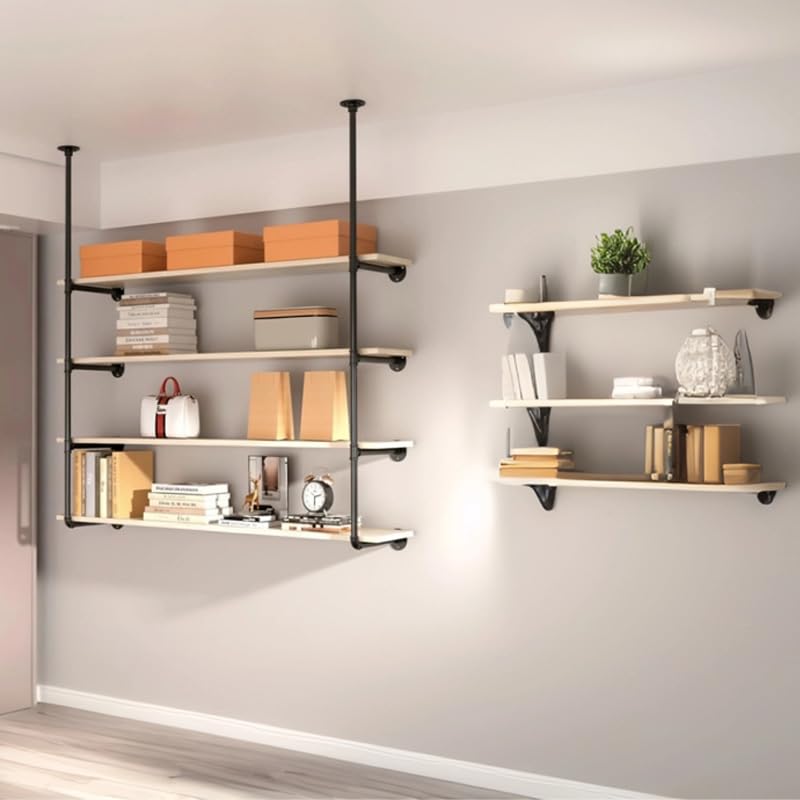 Industrial-Pipe-Shelving-System-with-4-Tiers-Black-Iron-Wall-Mount-Floor-to-Ceiling-Storage-Rack-Rustic-Farmhouse-Style-DIY-Bracket-Supports-No-Planks