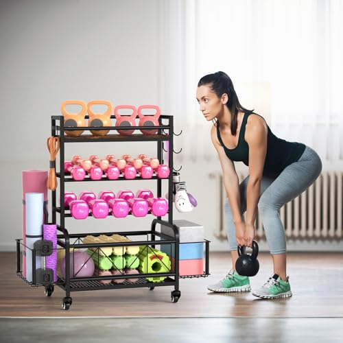 Dumbbell Rack, Weight Rack for Dumbbells, 600LBS Dumbbell Weight Rack, 2 Tier Width Adjustable Barbell Weight Racks for Home&Gym Dumbbells with Wheels&Baskets&Hooks