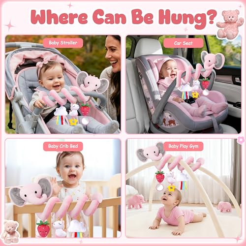 Image of Spiral Car Seat Toys for Baby Girls 0-6 Months, Cute Pink Elephant Strawberry Stuff, Perfect Newborn Shower Gifts for Girls Essentials