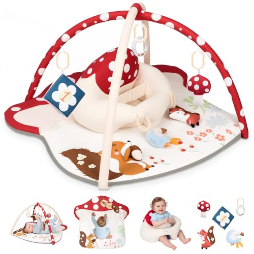 Image of Baby Play Mat & Baby Seats for Infants for Sitting Up | Tummy Time Gym Activity Mat with 5 Detachable Toys for Stage-Based Sensory | Babies Essentials Gift for Newborn 0-6-12-18 Months (Red)