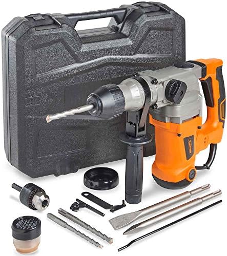 VonHaus 1-3/16” SDS-Plus Heavy Duty Rotary Hammer Drill 10 Amp - Vibration Control, 3 Functions - With Drill Demolition Kit, Grease, Chisels, Drill Bits and Case – Suitable for Concrete, Wood, Steel