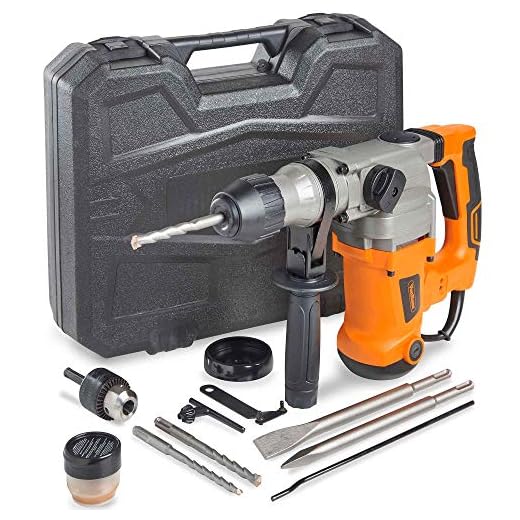 VonHaus Rotary Hammer Drill 10 Amp with Vibration Control, 3 Drill Functions and Adjustable Handle - Includes SDS Plus Drill Demolition Kit, Flat and Point Chisels with Case
