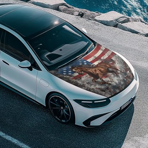 Image of Automotive Vehicle Hood Cover Flag Elastic Washable Horse and American Flag Print Vehicle Front Engine Hood Cover Wrap Car Accessories Compatible with Sedan SUV Trucks