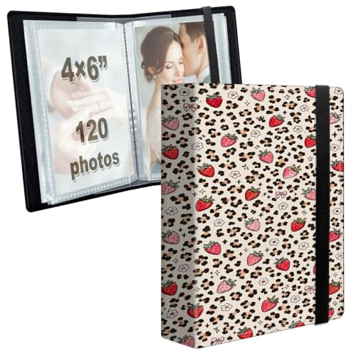 Image of Photo Album 4x6 120 Photos with Strong Elastic Band, Strawberry Leopard | Large Capacity Premium Leather Picture Album, Portable Wallet Albums Photo Book for Family Anniversaries Wedding Baby