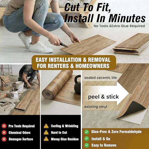 Image of Waterproof Peel and Stick Floor Tile, 54 Sq.Ft Earthen Oak Vinyl Wood Flooring, Easy DIY-Install & Durable for Kitchen, Bedroom, Bathroom, RVs, Rental-Friendly (36-Planks 6 inchx36 inch)