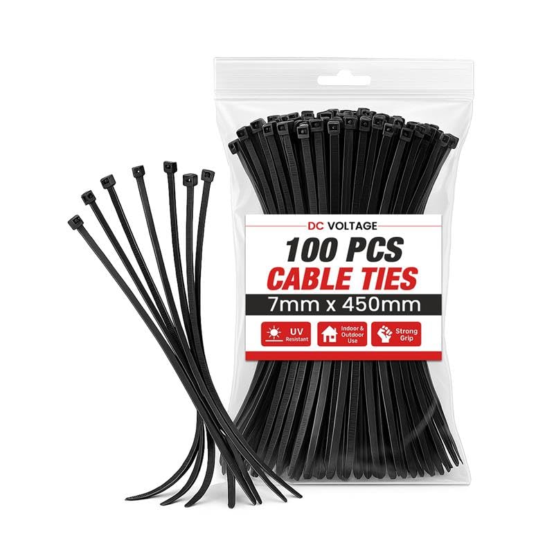 DC VOLTAGE 100Pcs 450mm x 7mm Long Heavy Duty Cable Tie Wide UV Resistant 55KGS/121LBS Tensile Strength for HVAC Outdoor Construction,Ultra Strong Self Locking Extra Long Zip Tie Wraps (Black)