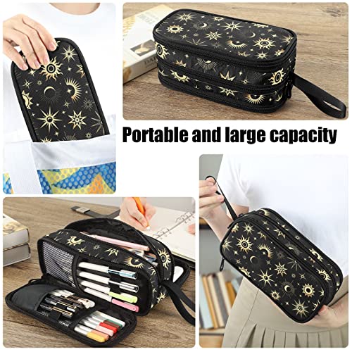 Image of Fustylead Gold Sun Moon and Stars Pencil Pen Case Stationery Bag, 3 Compartments School College Office Desk Organizer Storage Pouch Makeup Bag for Teen Boys Girls Students