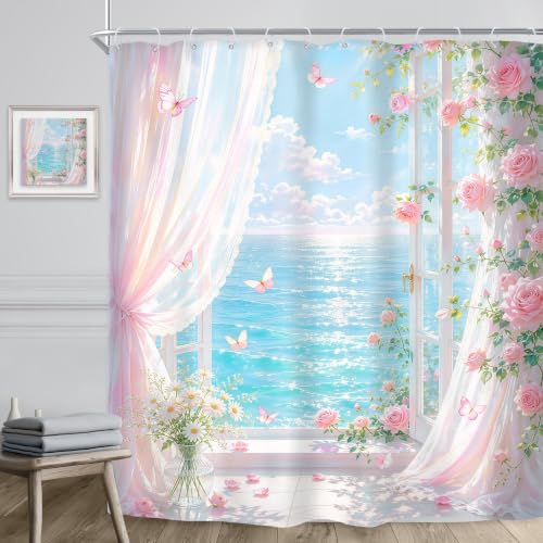 Image of Riyidecor Pink Ocean Floral Shower Curtain 72Wx78H Inch Long Coastal Beach Sunset Scenery Summer Roses Botanical Butterfly Beachside Aesthetic Bathroom Decor Fabric Polyester Waterproof 12 Pack Hooks