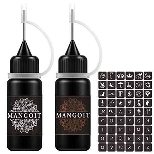 MANGOIT Temporary Tattoo Kit, Freckles Tattoo, Semi-permanent Tattoo Set, 2 Bottles Fruit Gel/Ink with 54 PCS Self-adhesive Tattoo Stencils(Black&Brown)