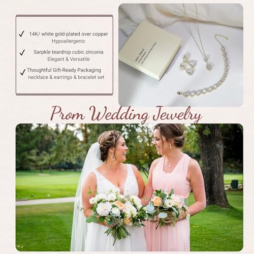UDYLGOON Cubic Zirconia Crystal Bridal Jewelry Set for Bride Bridesmaid Wedding Prom Teardrop Necklace Earrings Bracelet Jewellery Set4